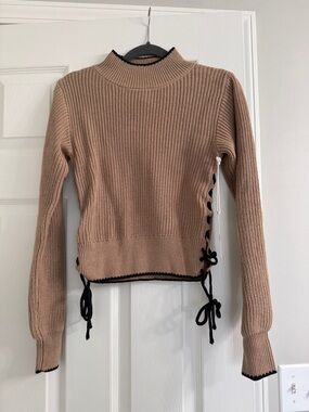 Vintage Havana Taupe Ribbed Turtleneck Sweater with Black Trim